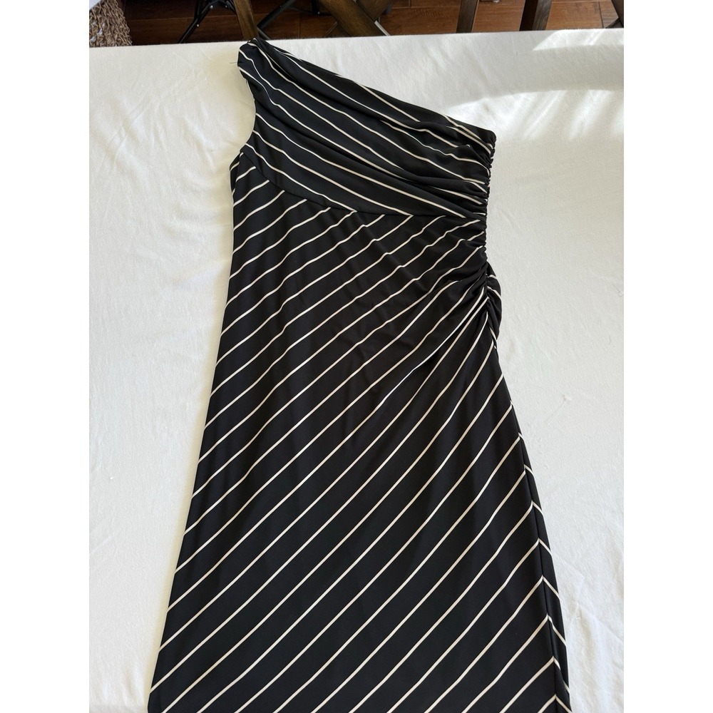 Isadora Collection Women Black White Striped One Shoulder Ruched Midi Dress L